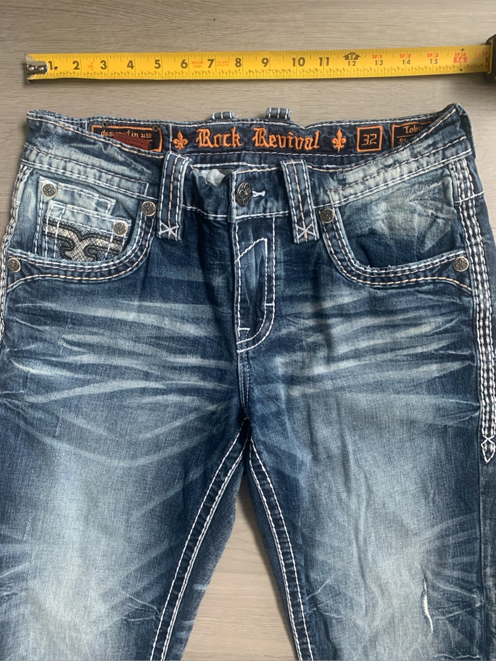 Rock Revival Toby Straight Distressed Snake Skin Printed Blue Jeans 32W/32L - Picture 11 of 13